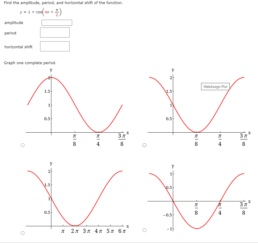 Solved Find the amplitude, period, and horizontal shift of | Chegg.com