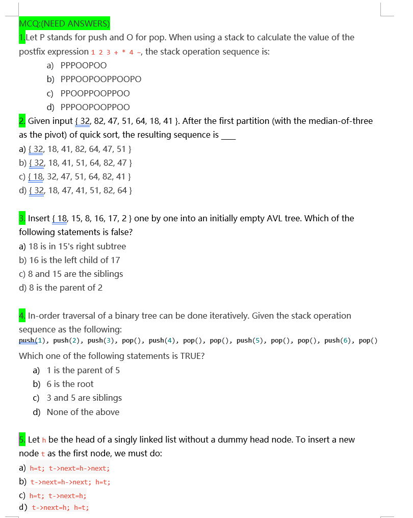 Solved Mcq Need Answers 1 Let P Stands For Push And O Chegg Com