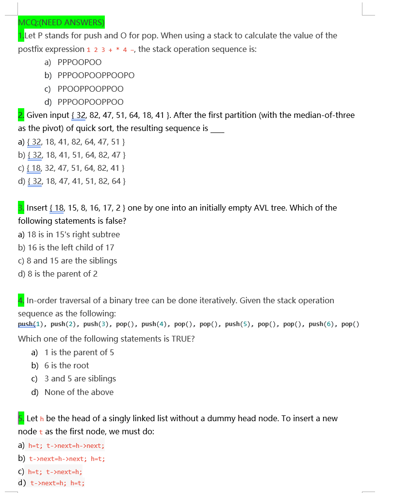 Solved MCQ:(NEED ANSWERS) 1. Let P stands for push and O for | Chegg.com