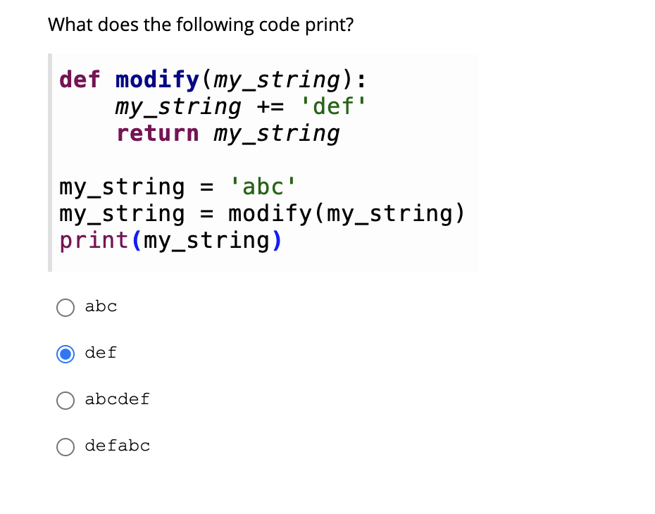 Solved What does the following code print? def modify | Chegg.com
