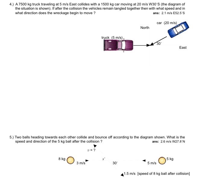 Solved 4 A 7500 Kg Truck Traveling At 5 Ms East Collides 5641