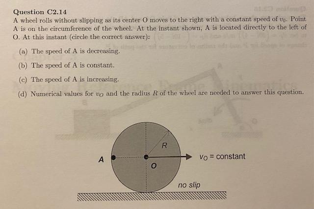 Solved Question C2.14 A wheel rolls without slipping as its | Chegg.com