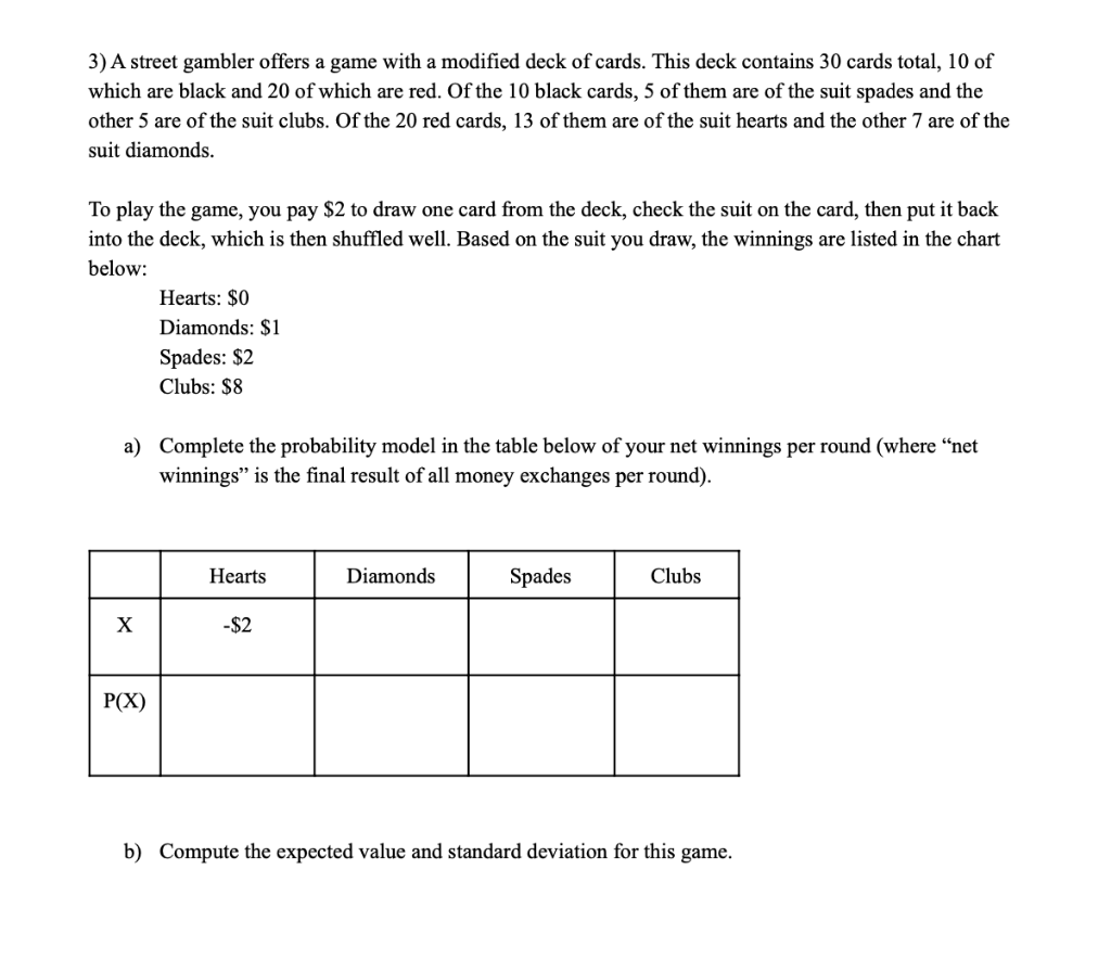 Solved 3) A street gambler offers a game with a modified | Chegg.com