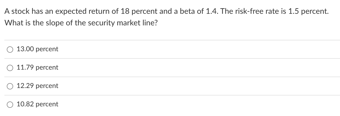 A stock has an expected return of 18 percent and a beta of 1.4. The risk-free rate is \( 1.5 \) percent. What is the slope of