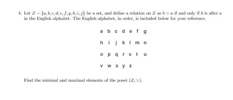 Solved 4. Let Z={a,b,c,d,e,f,g,h,i,j} be a set, and define a | Chegg.com