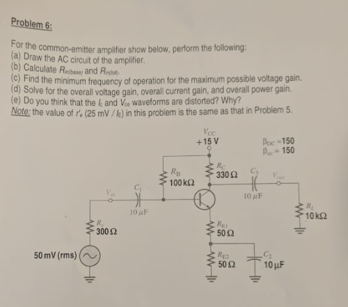 Solved Problem 6: For the common-emitter amplifier show | Chegg.com