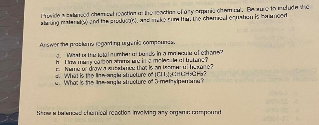 Solved Provide a balanced chemical reaction of the reaction | Chegg.com