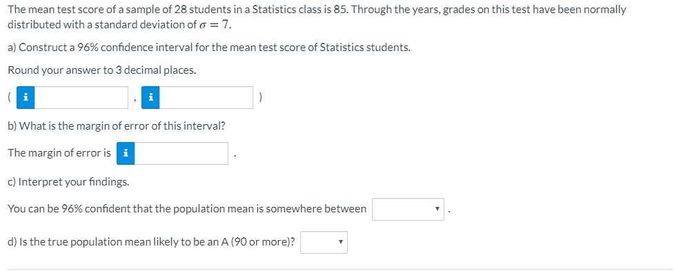 Solved The mean test score of a sample of 28 students in a | Chegg.com