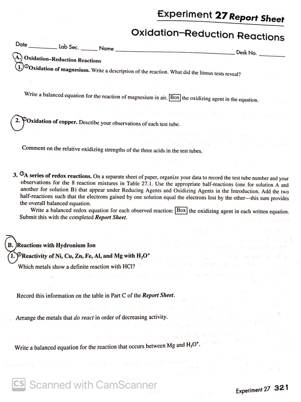 Solved B Experiment 27 Oxidation Reduction Reactions Anana | Chegg.com