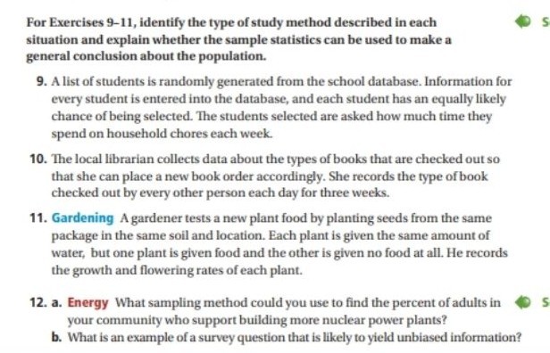 Solved For Exercises 9-11, identify the type of study method | Chegg.com