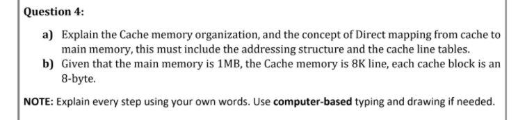 Solved Question 4: a) Explain the Cache memory organization, | Chegg.com