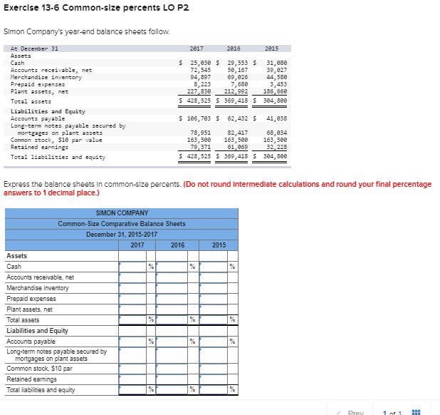 Solved Exerclse 13-6 Common-size percents LO P2 Simon | Chegg.com
