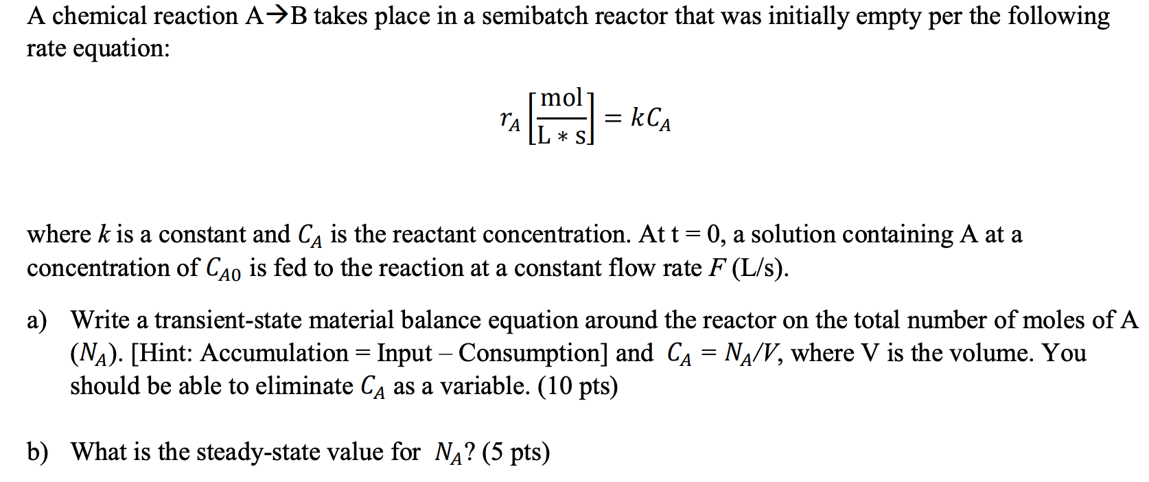 Solved A chemical reaction AB takes place in a semibatch | Chegg.com