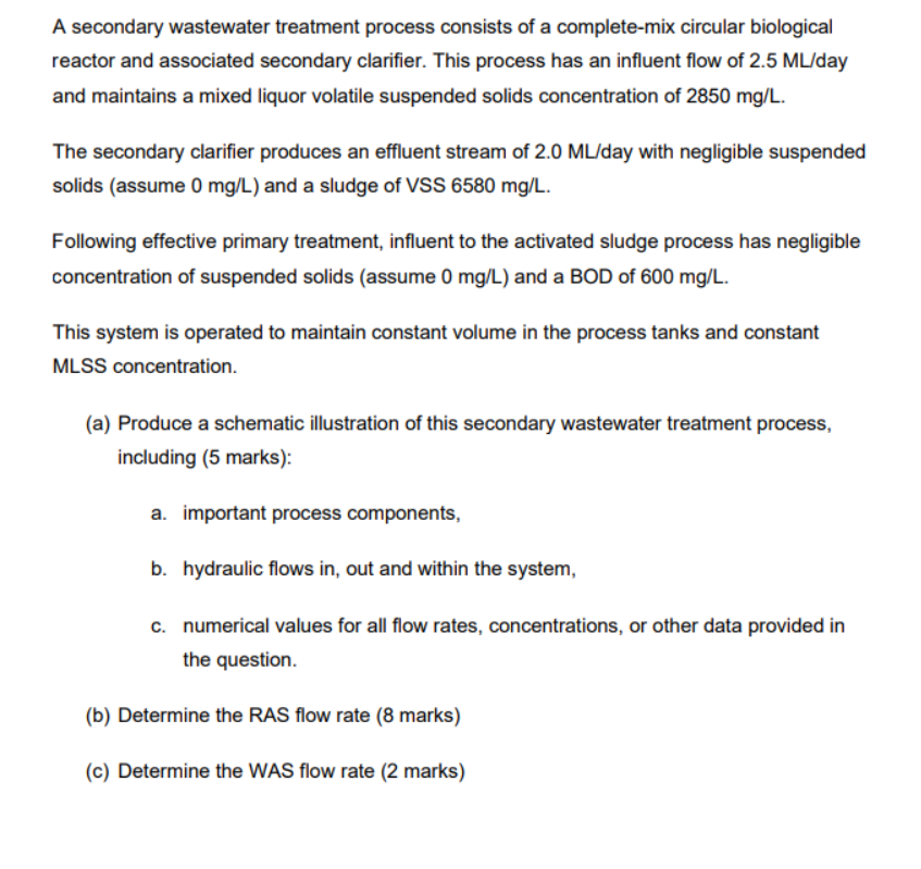 A secondary wastewater treatment process consists of a complete-mix circular biological reactor and associated secondary clar