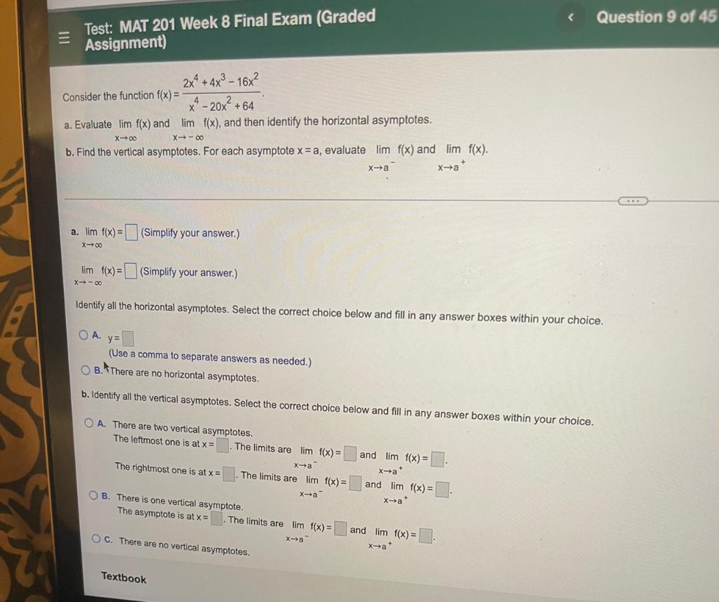 Solved Question 9 of 45 Test: MAT 201 Week 8 Final Exam | Chegg.com