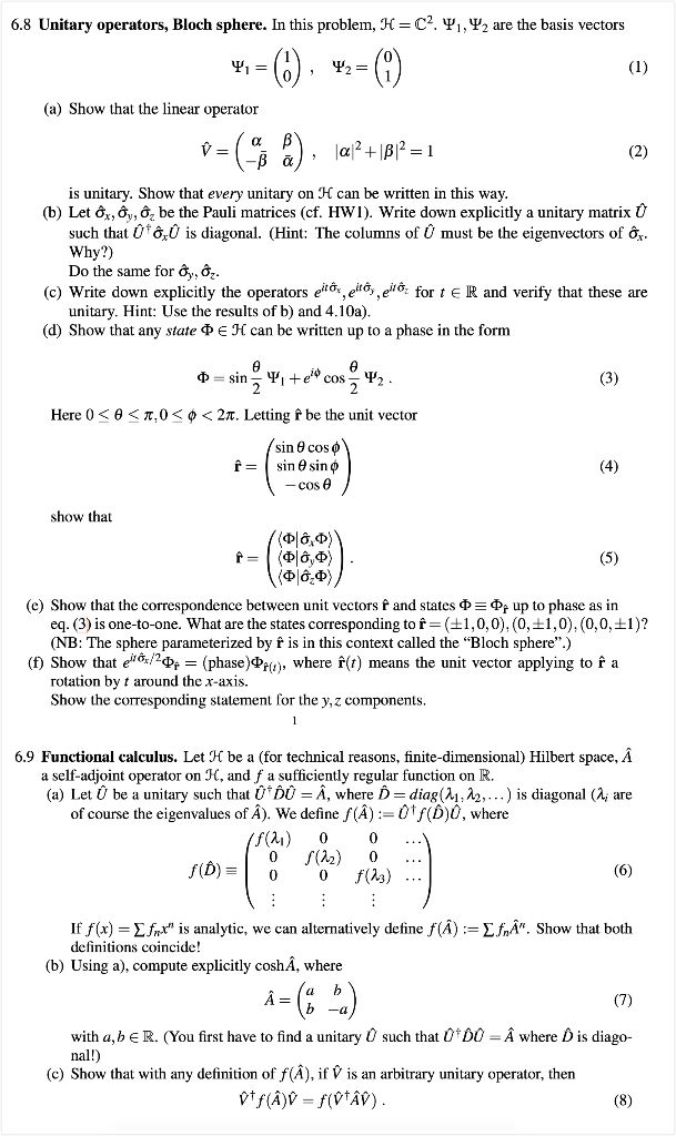 6 8 Unitary Operators Bloch Sphere In This Probl Chegg Com