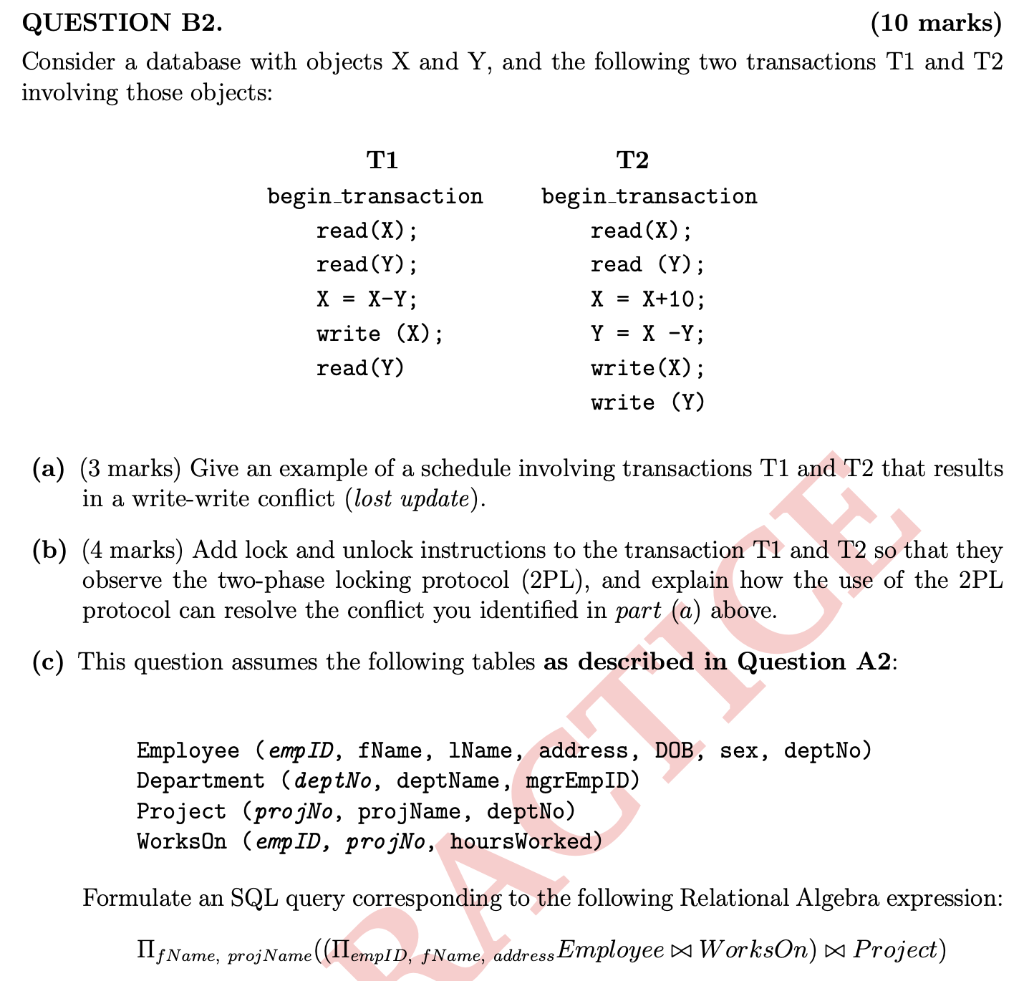 QUESTION B2. (10 marks) Consider a database with | Chegg.com