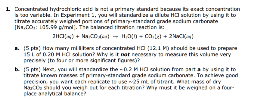 Solved 1. Concentrated hydrochloric acid is not a primary | Chegg.com