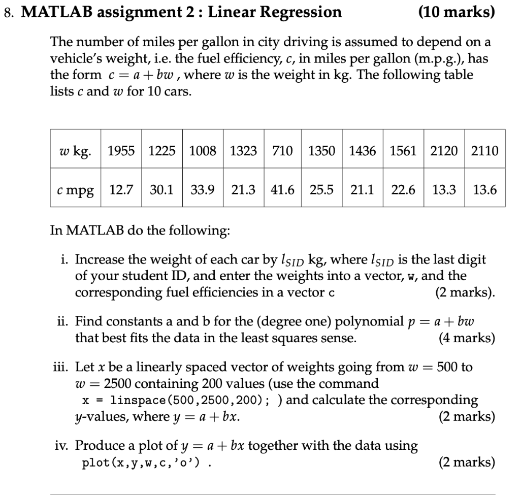 Solved ATLAB assignment 2 : Linear Regression (10 marks) The | Chegg.com