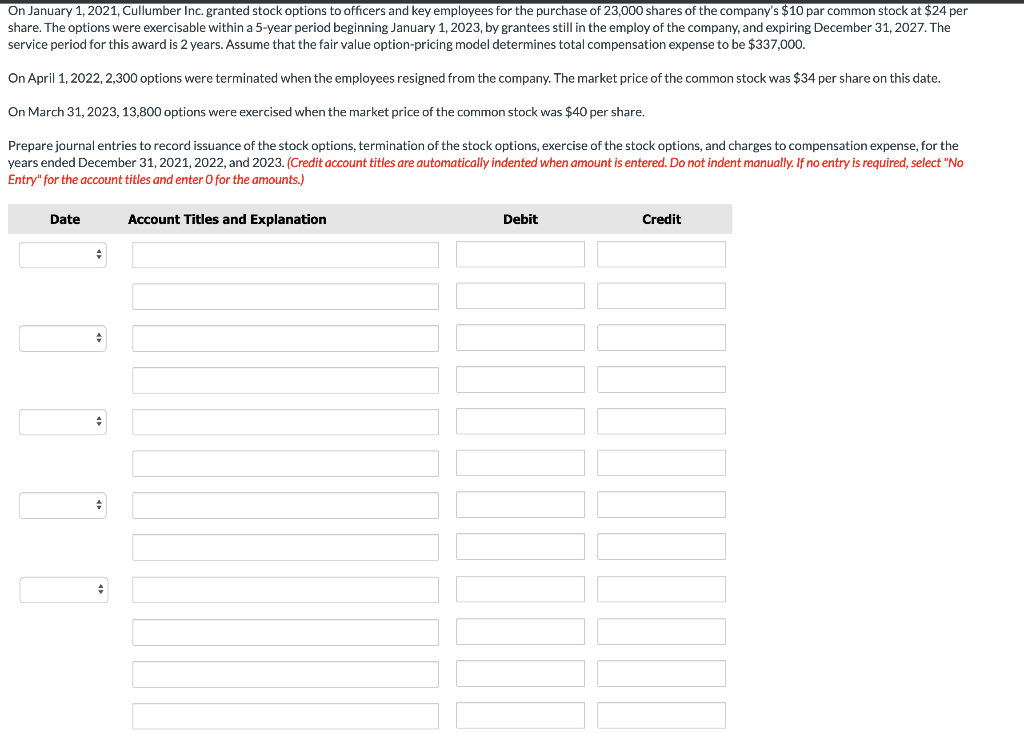 Solved On January 1, 2021, Cullumber Inc. granted stock