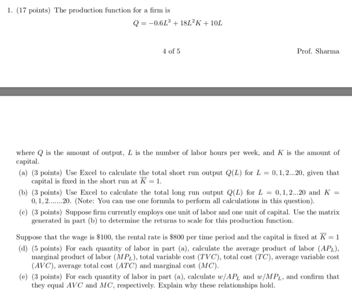Solved 1. (17 points) The production function for a firm is | Chegg.com