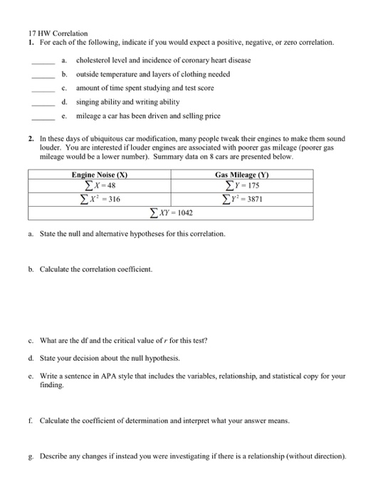 Solved 17 HW Correlation 1. For each of the following, | Chegg.com