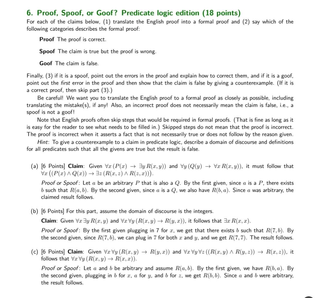 6. Proof Spoof or Goof Predicate logic edition 18 Chegg