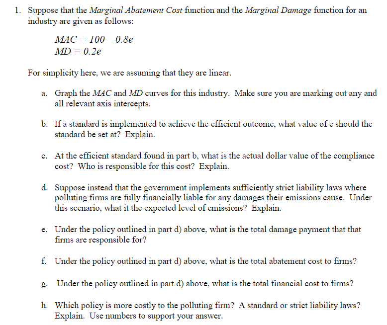 Solved 1. Suppose that the Marginal Abatement Cost function | Chegg.com