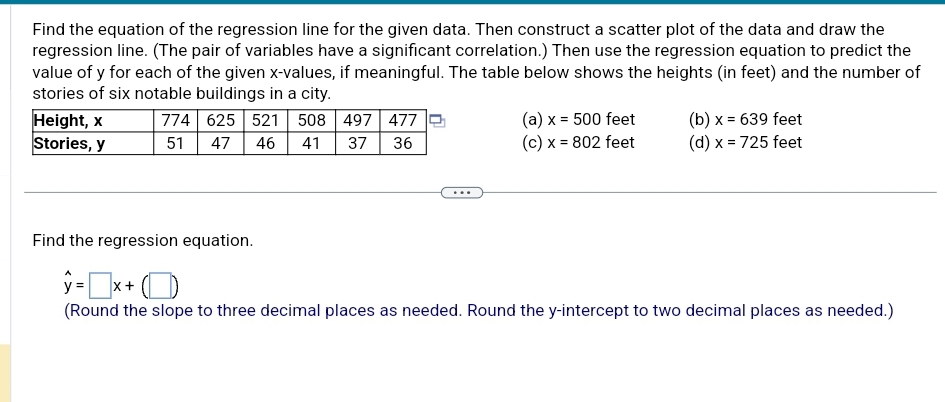 Solved Find the equation of the regression line for the | Chegg.com