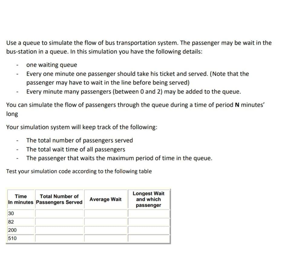 Solved Use a queue to simulate the flow of bus | Chegg.com