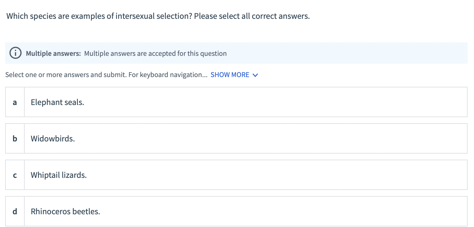Solved Which species are examples of intersexual selection? | Chegg.com