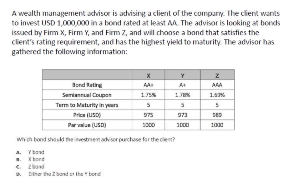 Solved A Wealth Management Advisor Is Advising A Client Of | Chegg.com