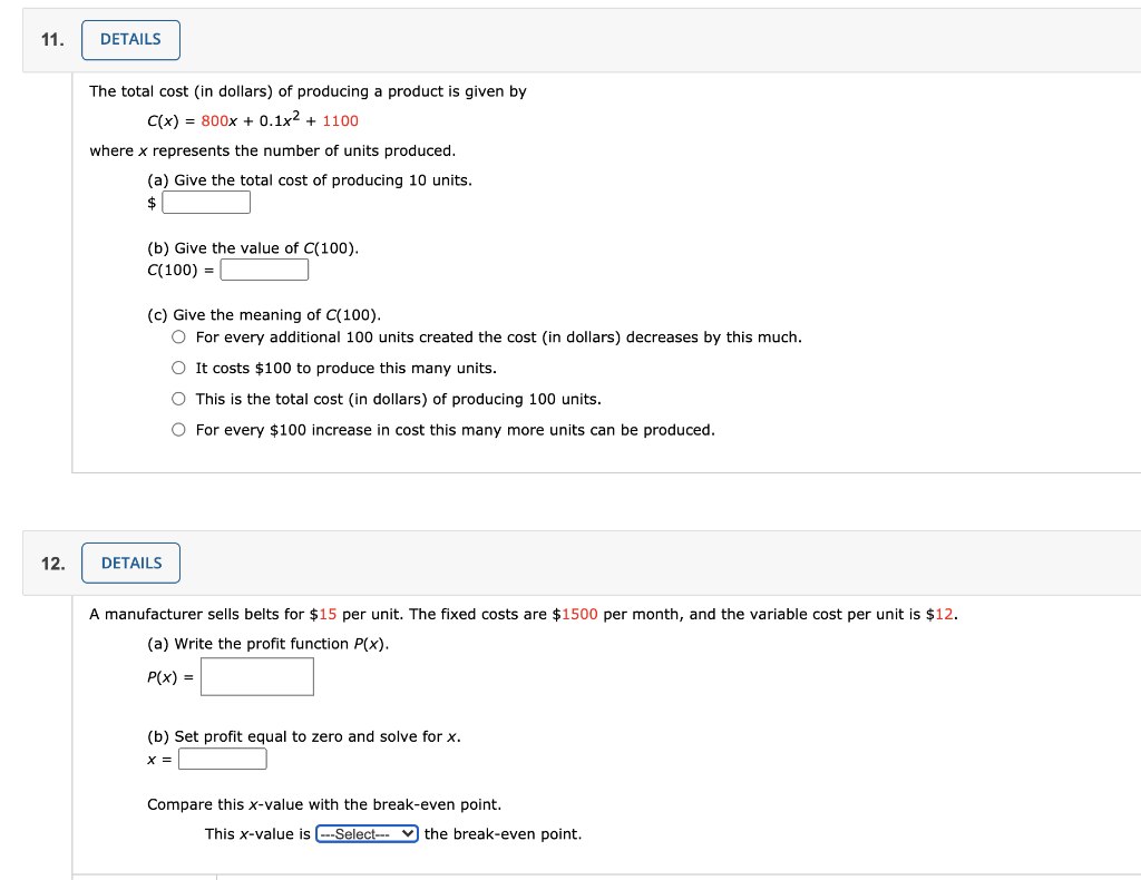 Solved 11. DETAILS The total cost in dollars) of producing a | Chegg.com