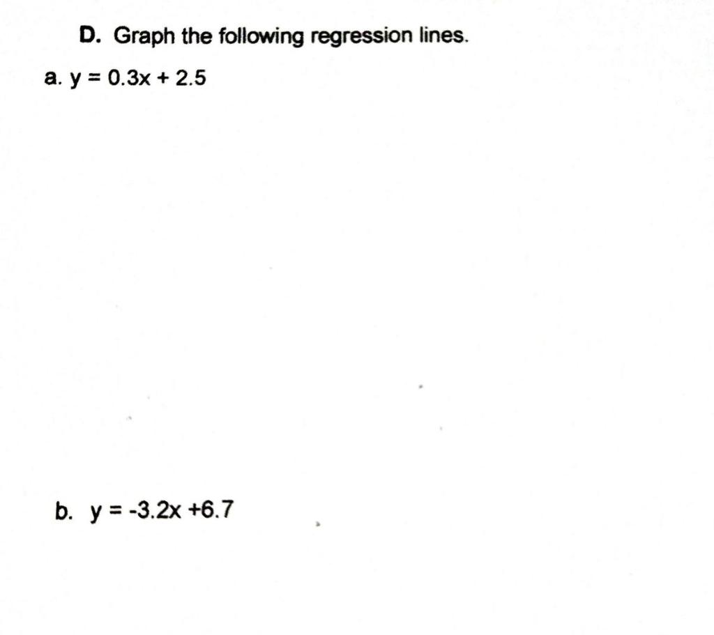 D. Graph the following regression lines. a. y = 0.3x + 2.5 b. y = -3.2x +6.7