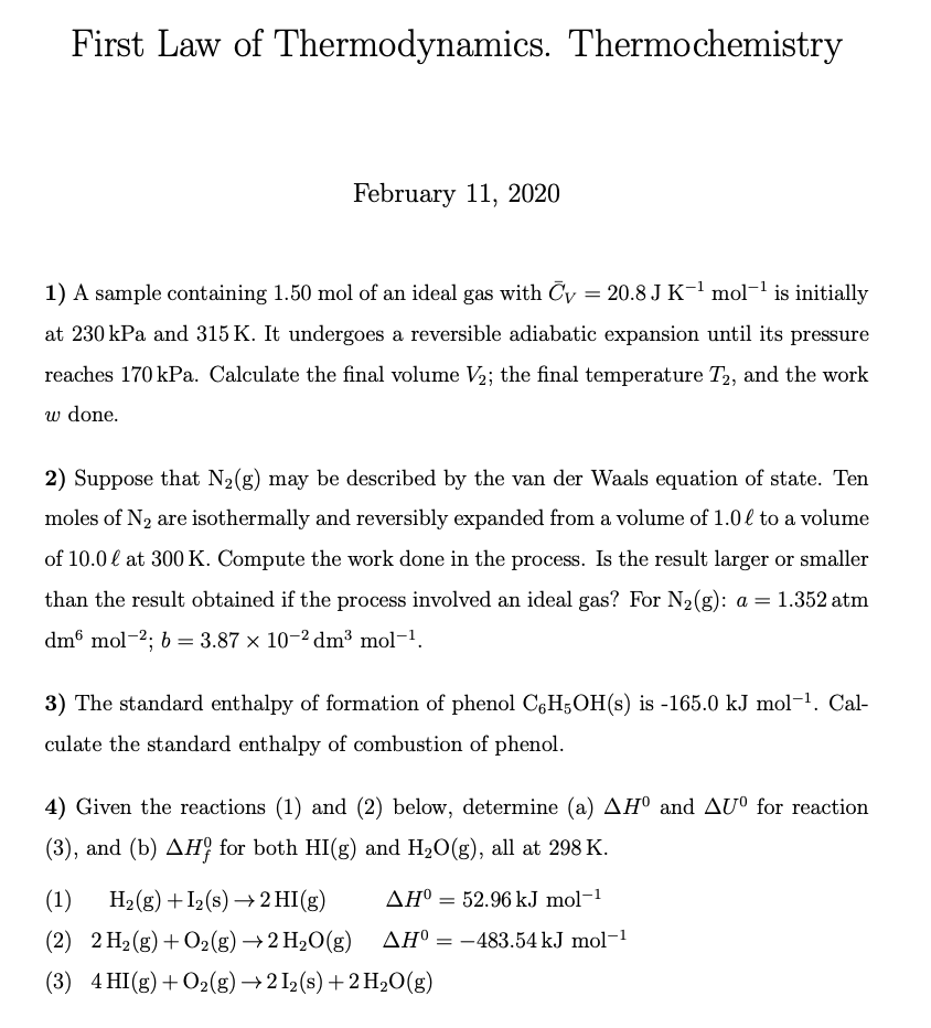 Solved First Law Of Thermodynamics. Thermochemistry February | Chegg.com