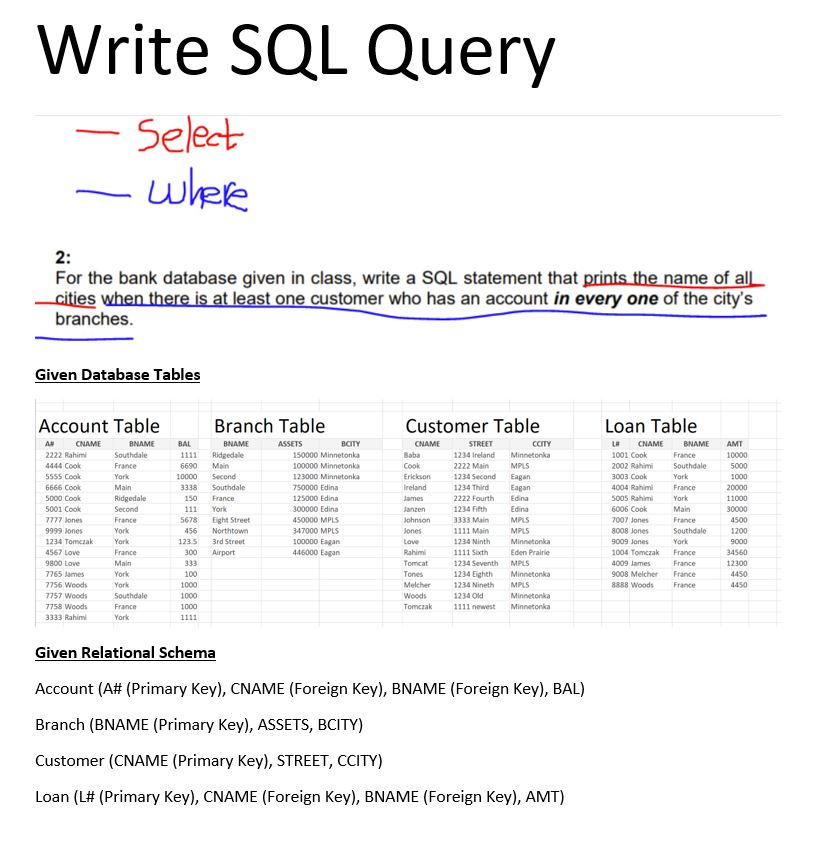 Solved) : Write Sql Query Select Wlele 11 Bank Database Given Class