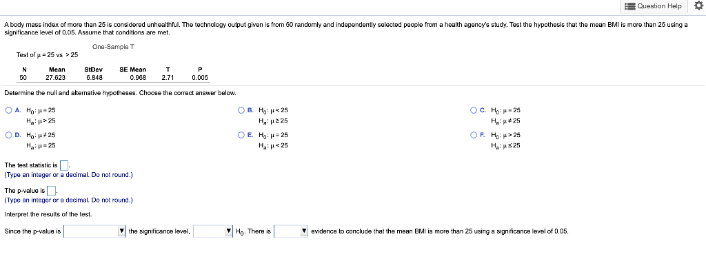 Solved Question Help A body mass index of more than 25 is | Chegg.com