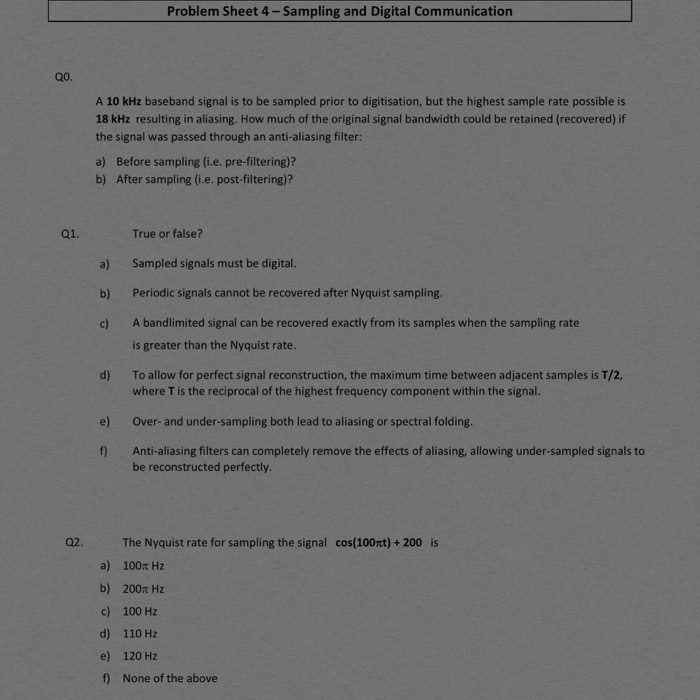 Solved Problem Sheet 4-Sampling and Digital Communication | Chegg.com