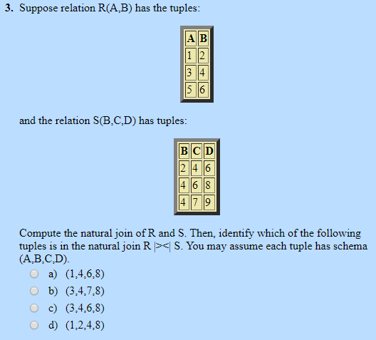 Solved 3. Suppose relation R(A,B) has the tuples: 12 3 4 5 6 | Chegg.com