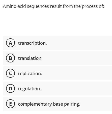 Solved Amino acid sequences result from the process of: | Chegg.com