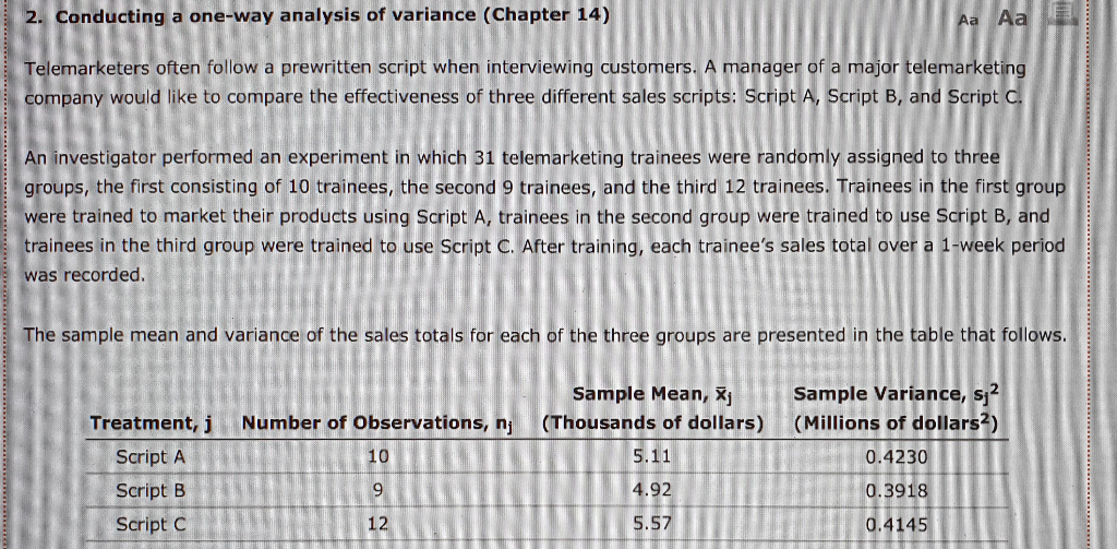 Solved 2. Conducting a one-way analysis of variance (Chapter | Chegg.com