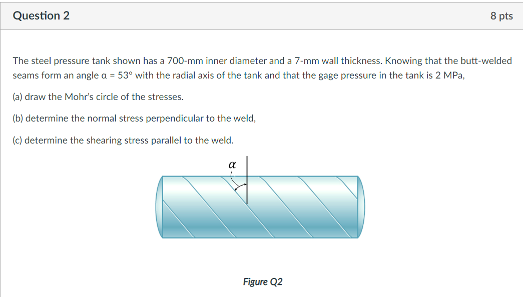 Solved Question 2 8 Pts The Steel Pressure Tank Shown Has A | Chegg.com