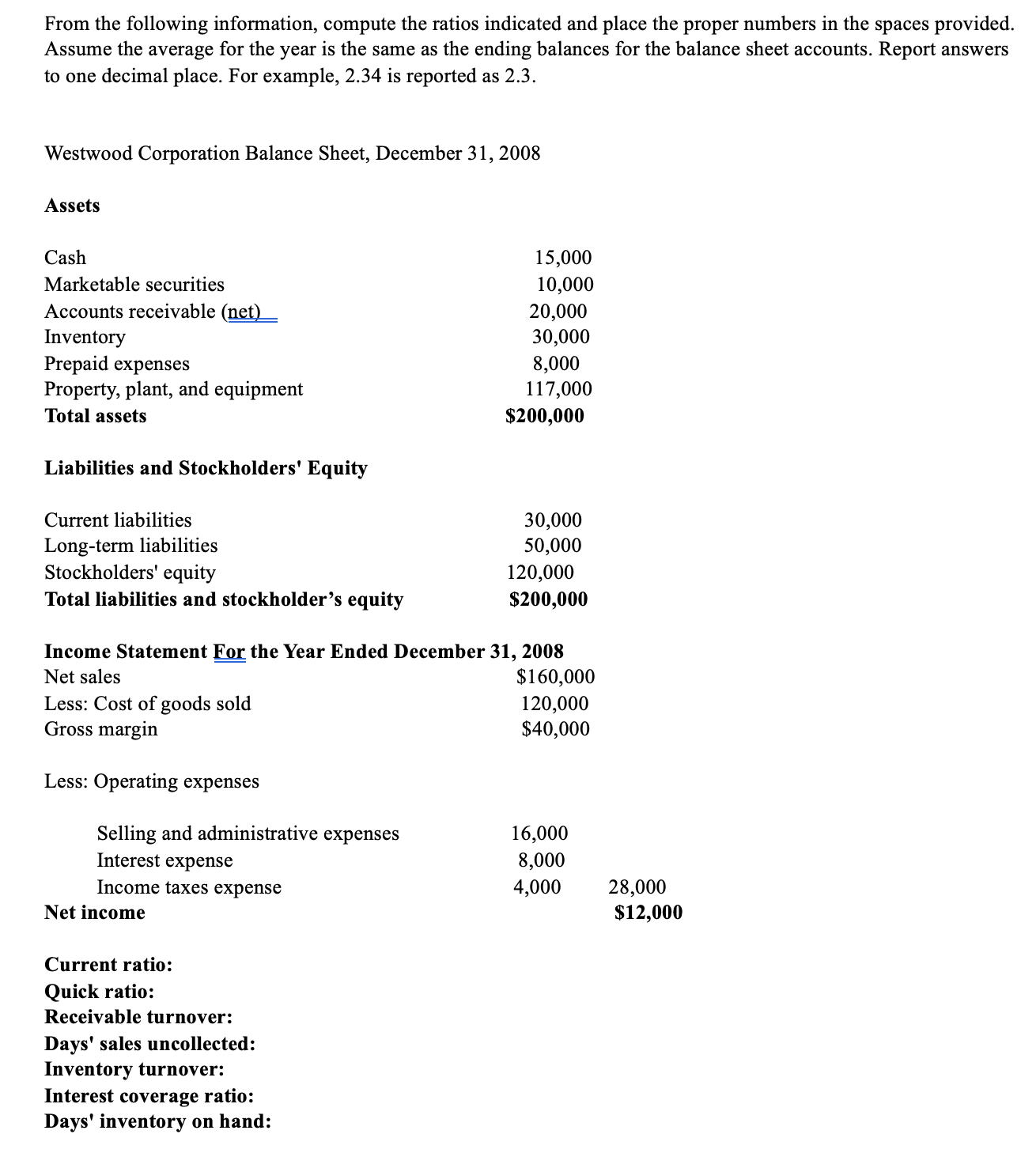 Solved From the following information, compute the ratios | Chegg.com