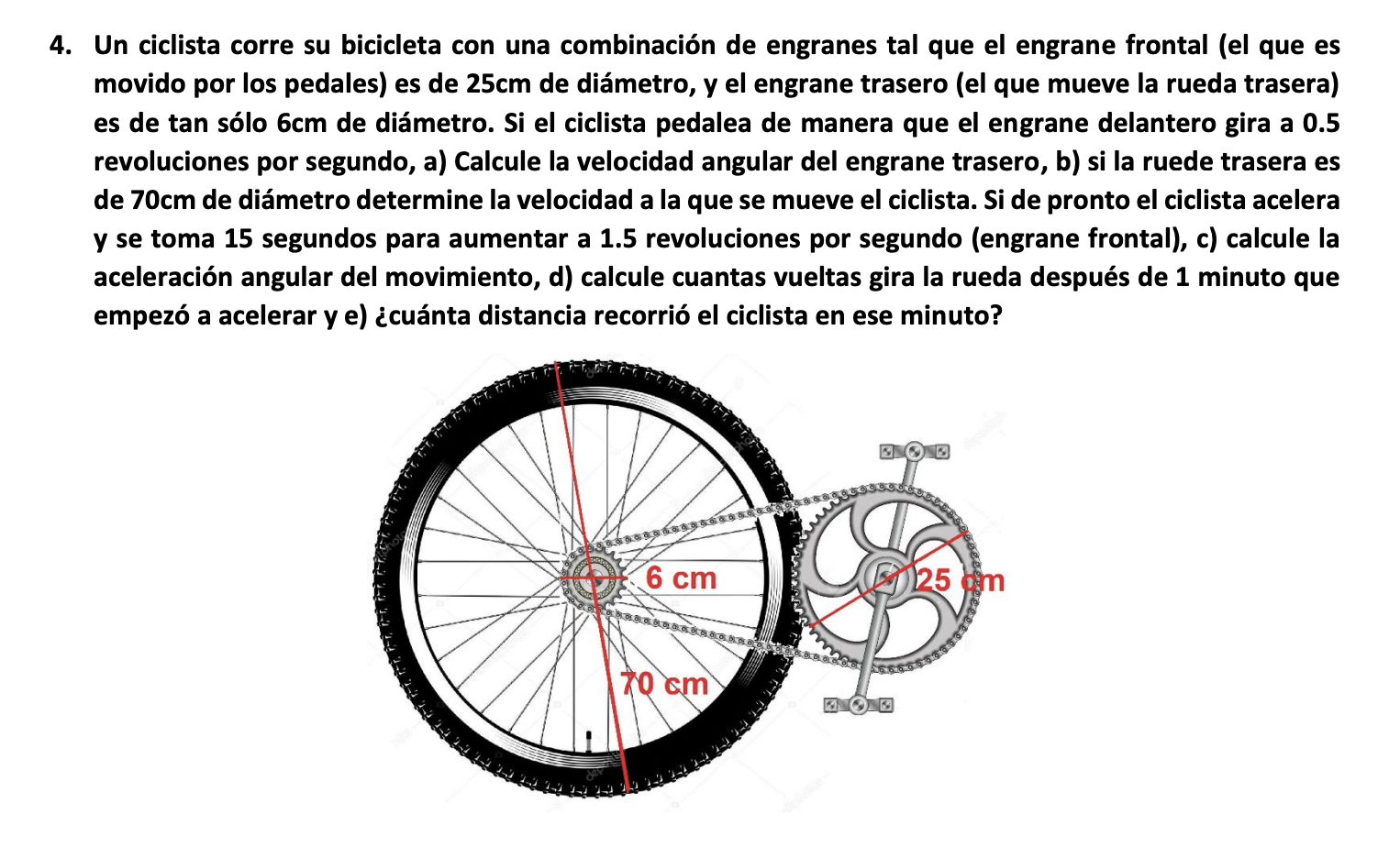 Un ciclista corre su bicicleta con una combinación de engranes tal que el engrane frontal (el que es movido por los pedales)