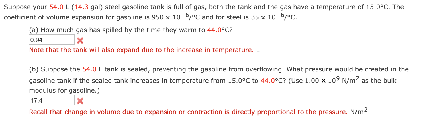 Solved uppose your 54.0 L(14.3gal) steel gasoline tank is | Chegg.com