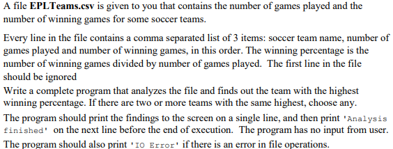 Solved A file EPL Teams.csv is given to you that contains | Chegg.com