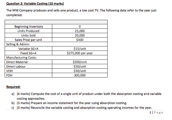 Solved Question 2: Variable Costing | Chegg.com