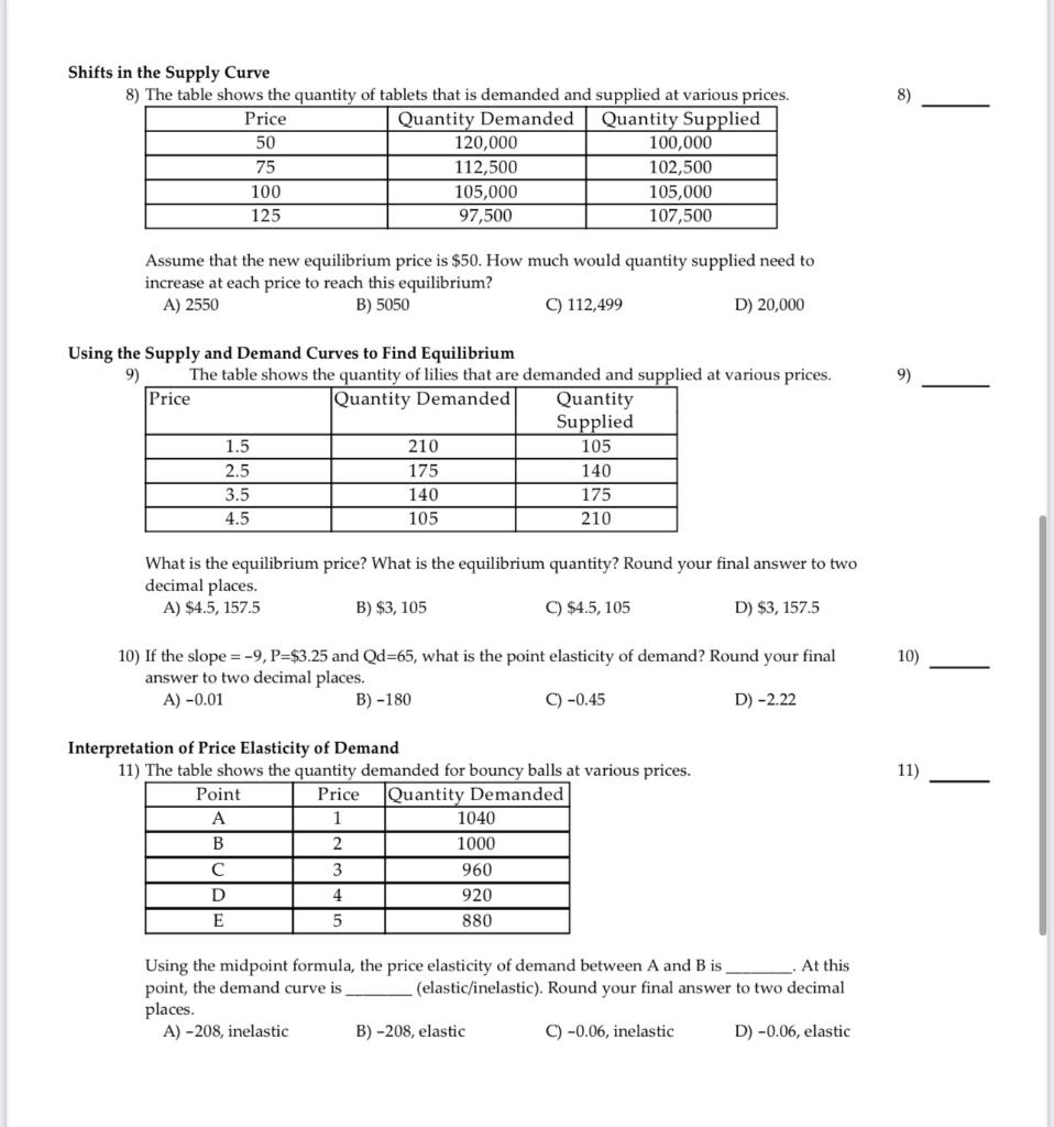 Solved Shifts in the Supply Curve 8) The table shows the | Chegg.com