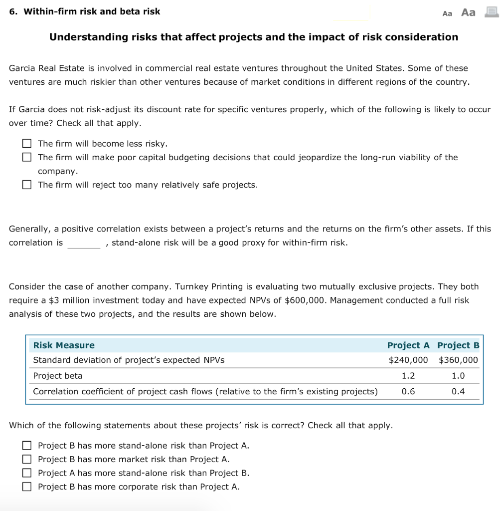 Solved 6. Within-firm Risk And Beta Risk Aa Aa Understanding | Chegg.com