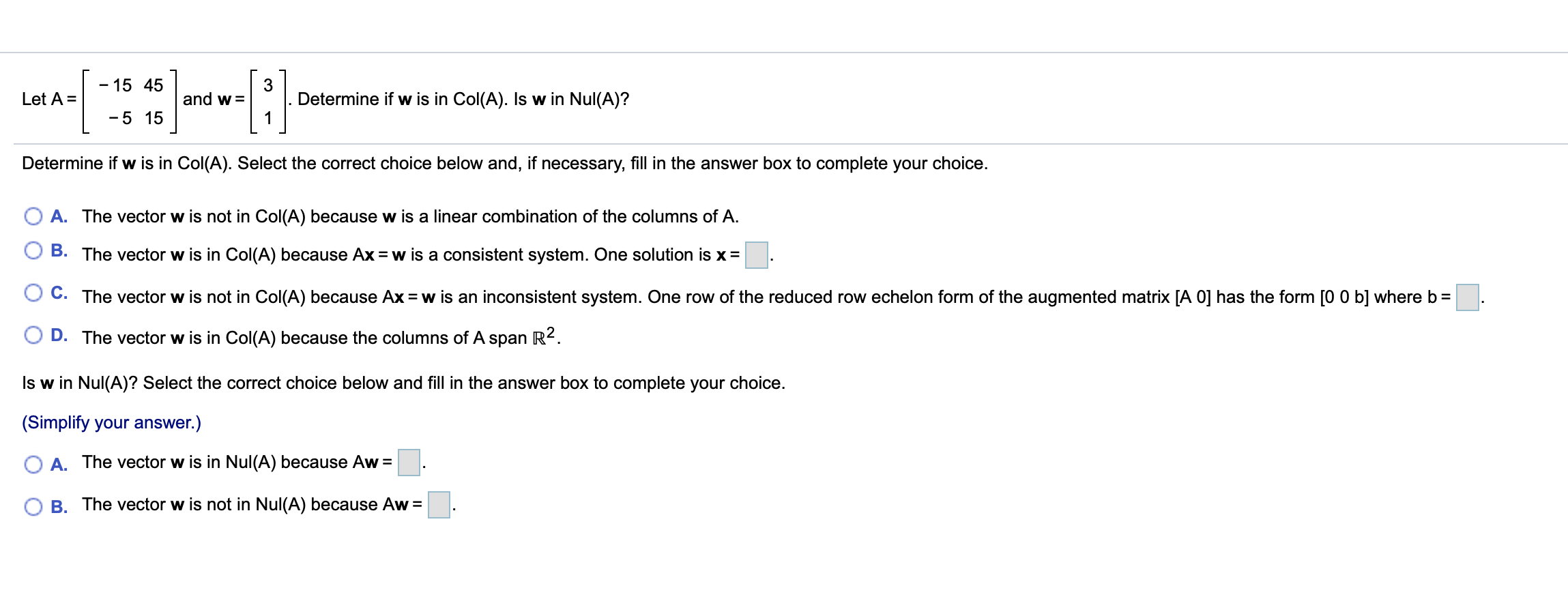 Solved 15 45 Let A And W 5 15 1 Determine If W Chegg Com